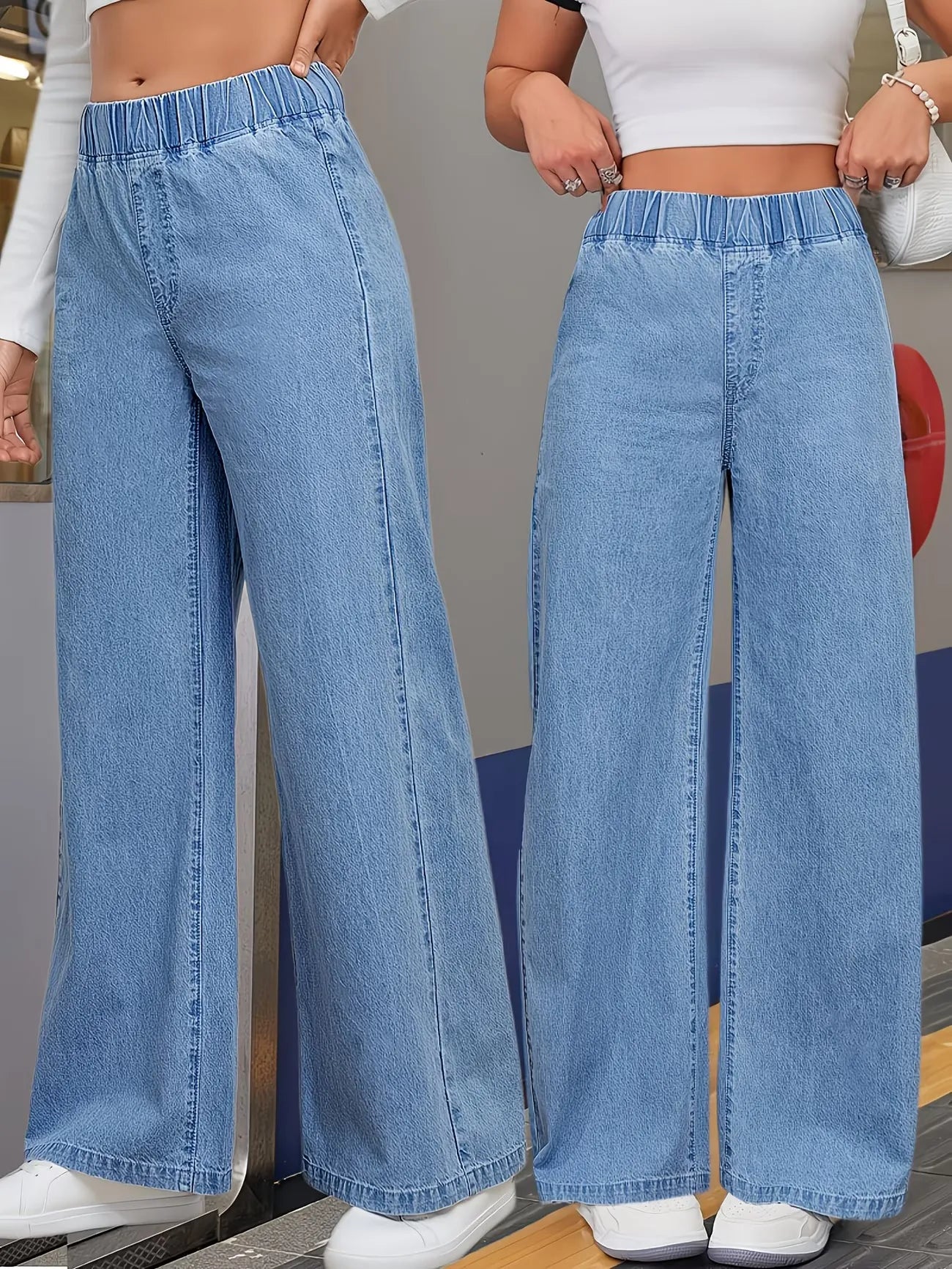 Women's High-Waisted Elastic Waist Wide-Leg Jeans