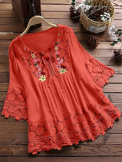 Women's Embroidered Lace Trim Tunic Blouse