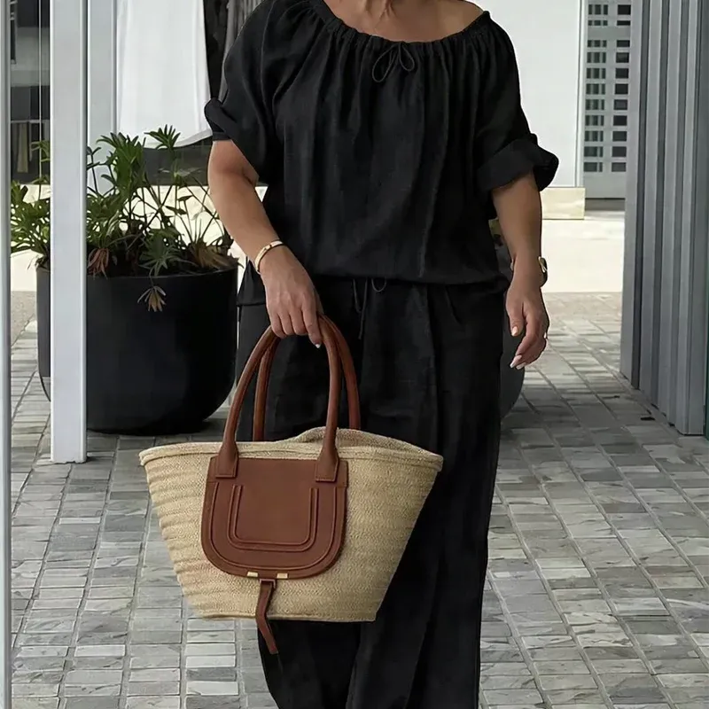 Women’s Off-Shoulder Drawstring Top and Wide-Leg Pants Set