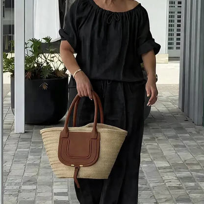 Women’s Off-Shoulder Drawstring Top and Wide-Leg Pants Set