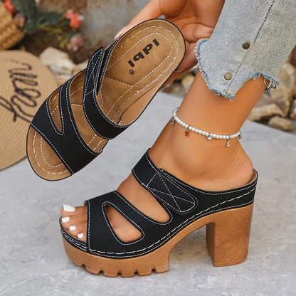 Women’s Cutout Strap Platform Block Heel Mule Sandals