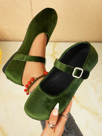 Women’s Velvet Rhinestone Buckle Mary Jane Flats