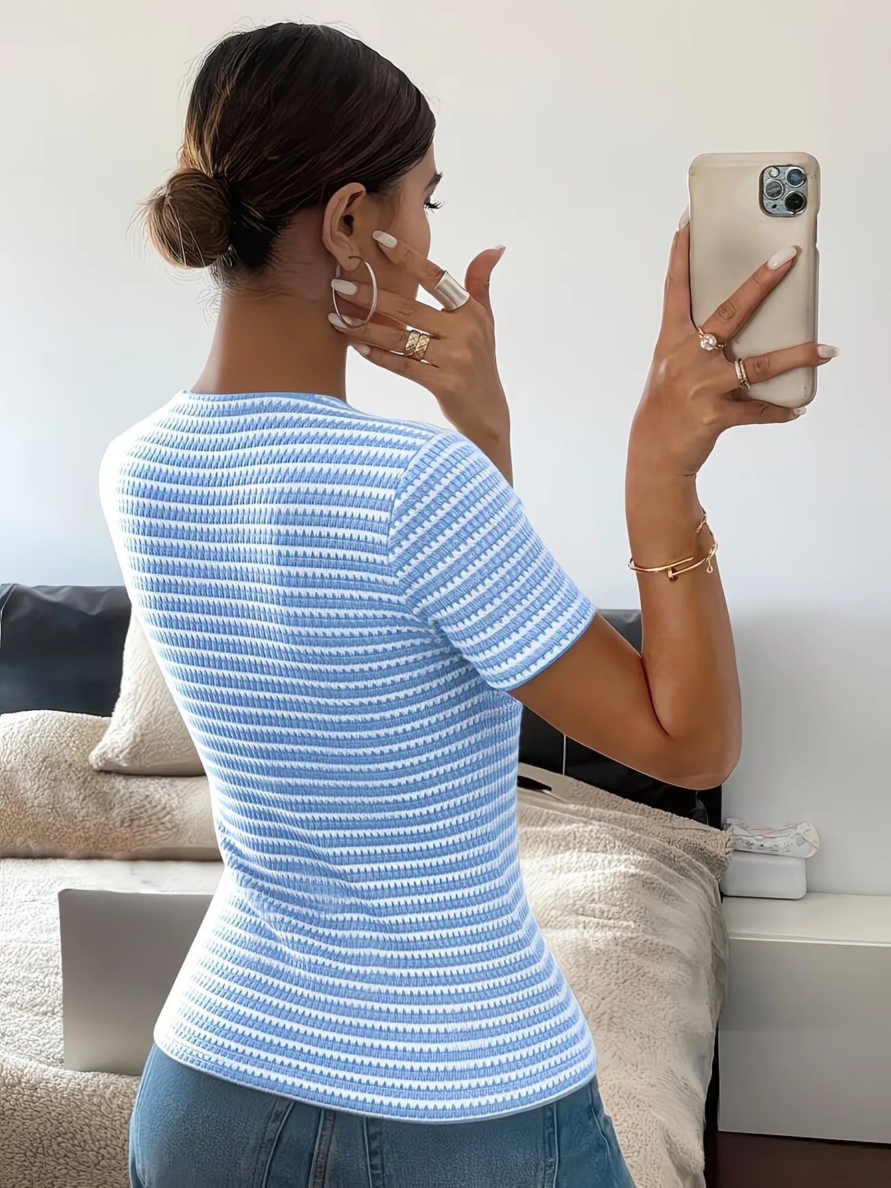 Women's Square Neck Textured Stripe Button Front Slim Fit Top