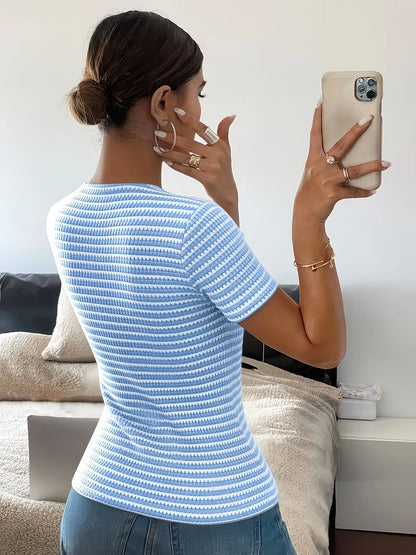 Women's Square Neck Textured Stripe Button Front Slim Fit Top