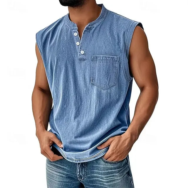 Men’s Sleeveless Henley Tank Top With Pocket