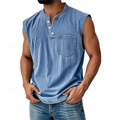 Men’s Sleeveless Henley Tank Top With Pocket