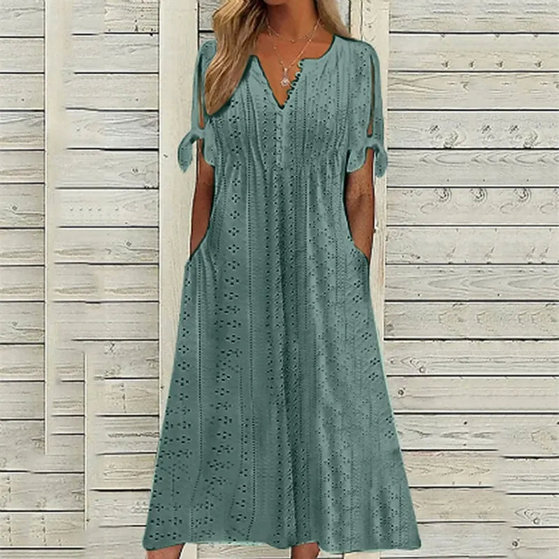 Women’s Eyelet V-Neck Tie-Sleeve Dress