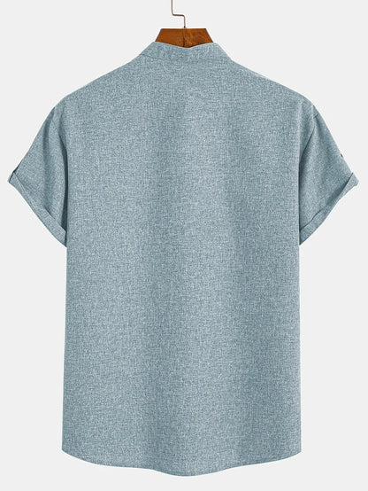Men’s Textured Short Sleeve Stand Collar Henley Shirt