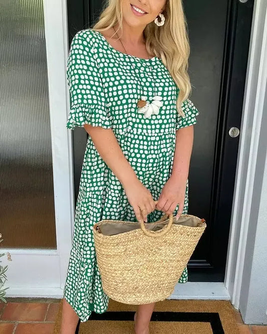 Women's Round Neck Polka Dot Midi Dress