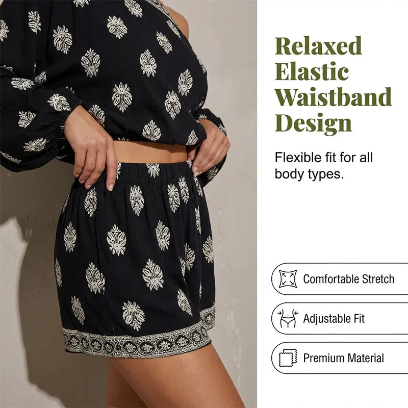 Women’s Boho Off-Shoulder Top & Shorts Set