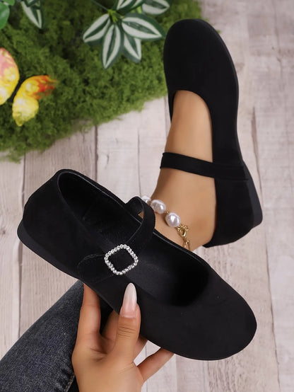 Women’s Velvet Rhinestone Buckle Mary Jane Flats