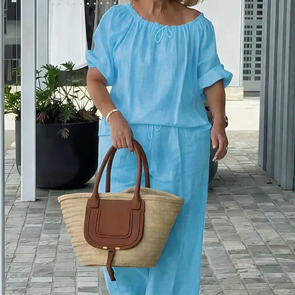 Women’s Off-Shoulder Drawstring Top and Wide-Leg Pants Set