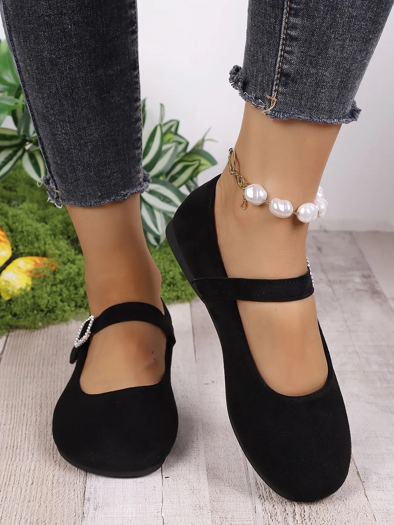 Women’s Velvet Rhinestone Buckle Mary Jane Flats