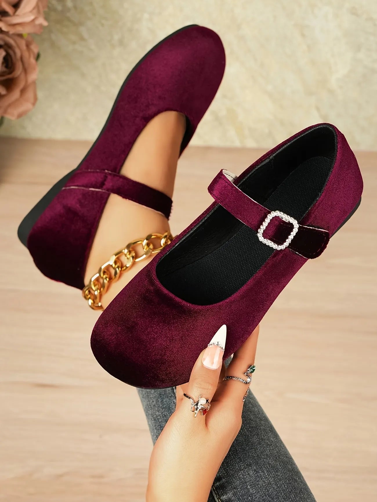 Women’s Velvet Rhinestone Buckle Mary Jane Flats