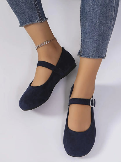 Women’s Velvet Rhinestone Buckle Mary Jane Flats