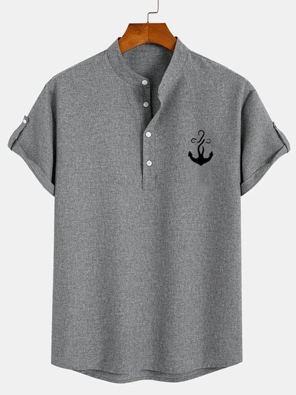 Men’s Textured Short Sleeve Stand Collar Henley Shirt