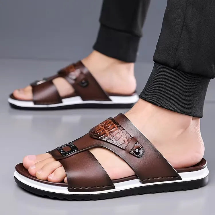 Men's Leather-Look Double Strap Slip-On Sandals