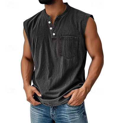 Men’s Sleeveless Henley Tank Top With Pocket