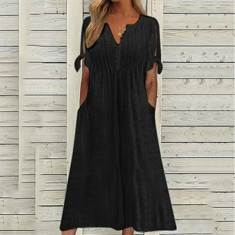 Women’s Eyelet V-Neck Tie-Sleeve Dress