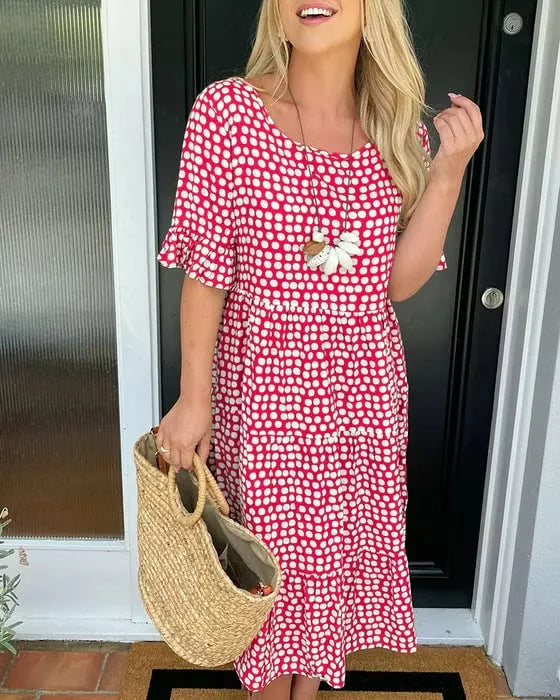 Women's Round Neck Polka Dot Midi Dress
