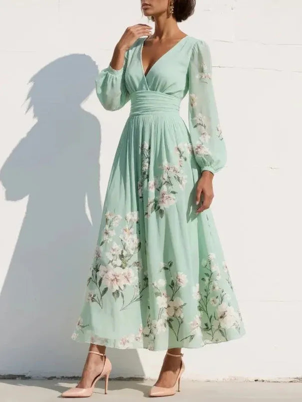 Women’s Floral Chiffon V-Neck Midi Dress