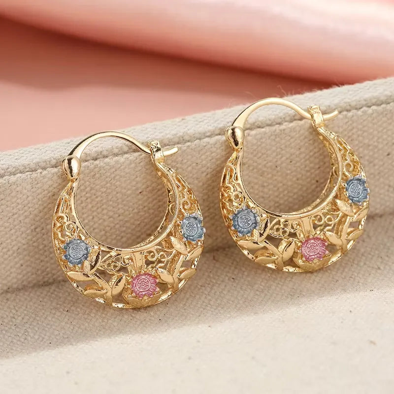 Women's Enamel Flower Crescent Hoop Earrings