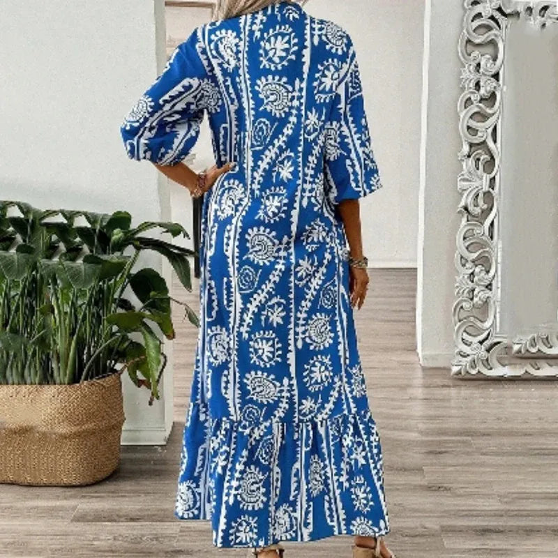 Women’s Boho Print V-Neck Loose Fit Maxi Dress
