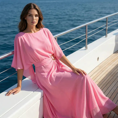 Women’s Elegant Flowing Cape Sleeve Maxi Dress