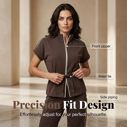 Women’s Zip-Front Short-Sleeve Top and Wide-Leg Pants Set