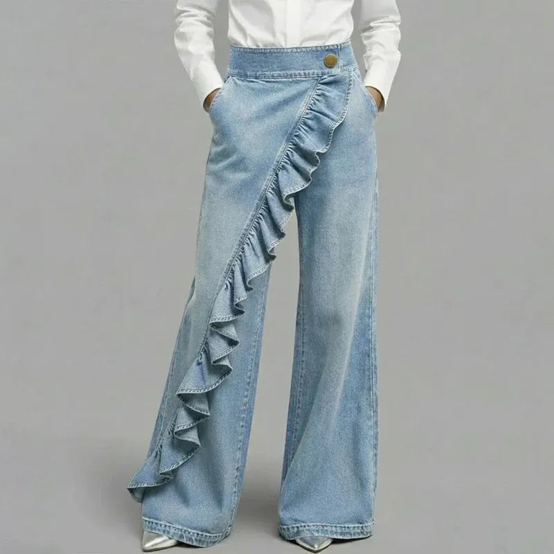 Women’s Asymmetrical Ruffle Wide-Leg Jeans
