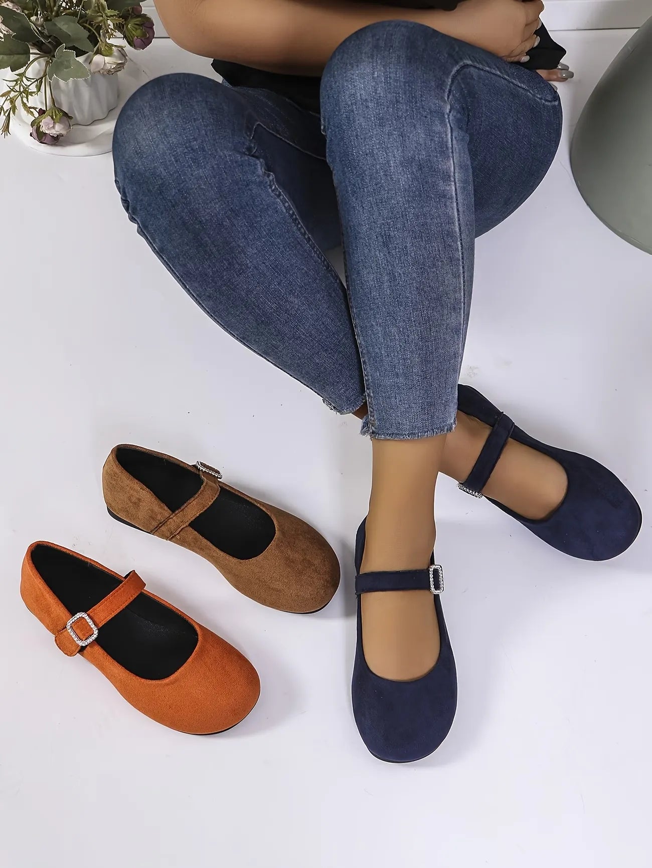 Women’s Velvet Rhinestone Buckle Mary Jane Flats