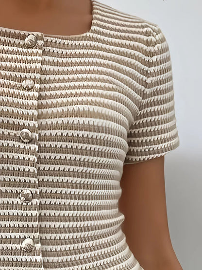 Women's Square Neck Textured Stripe Button Front Slim Fit Top