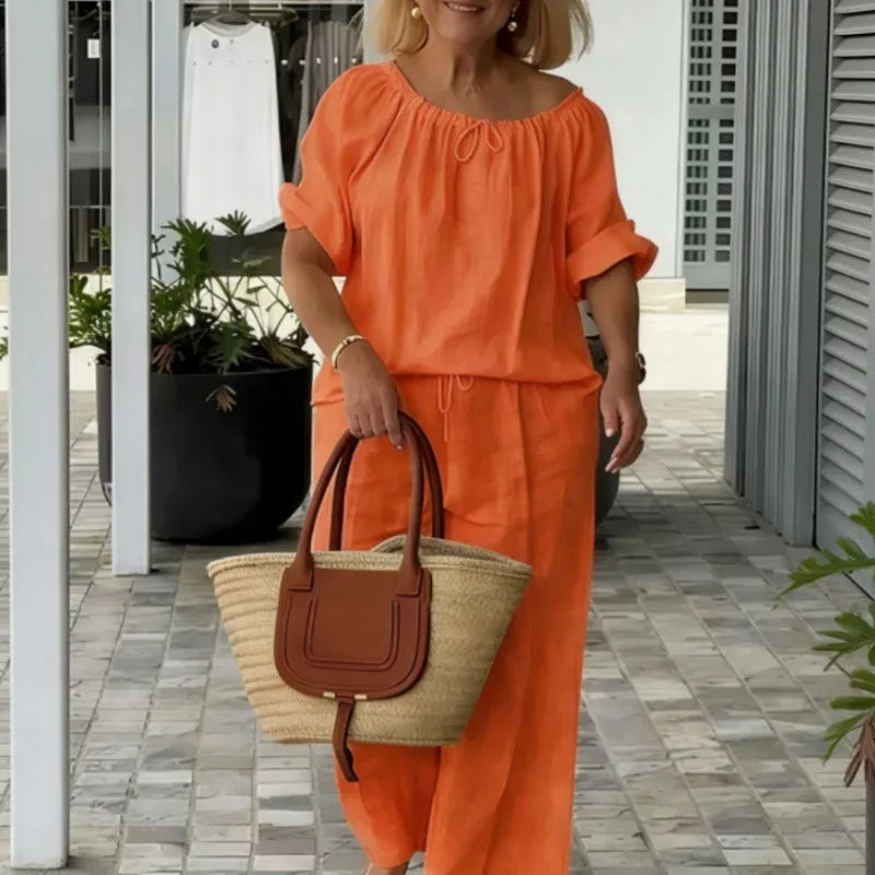 Women’s Off-Shoulder Drawstring Top and Wide-Leg Pants Set