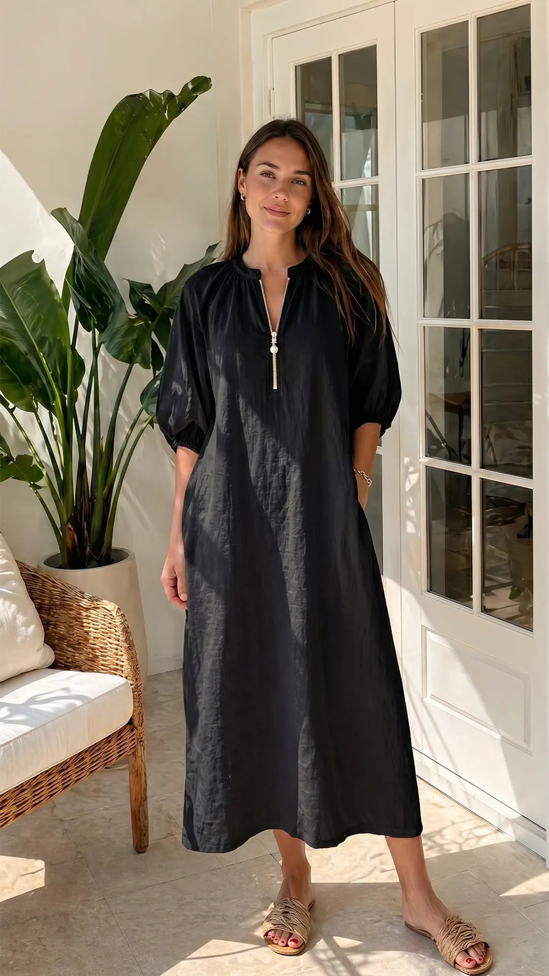 Women’s Relaxed Zip-Neck Midi Dress