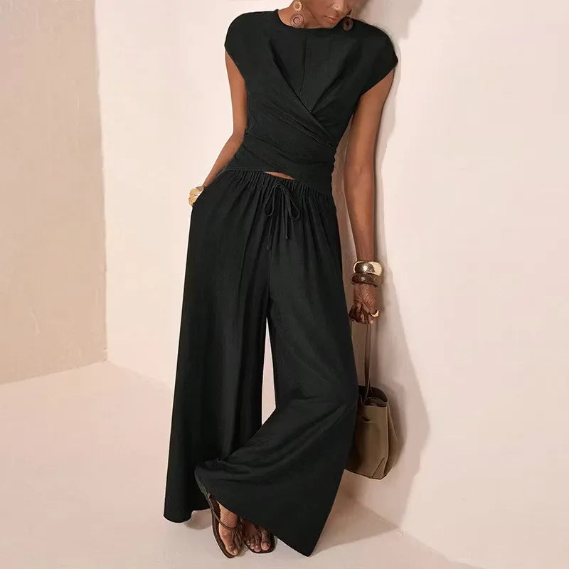 Women's Crossover Top & Wide-Leg Pants Set