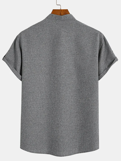 Men’s Textured Short Sleeve Stand Collar Henley Shirt