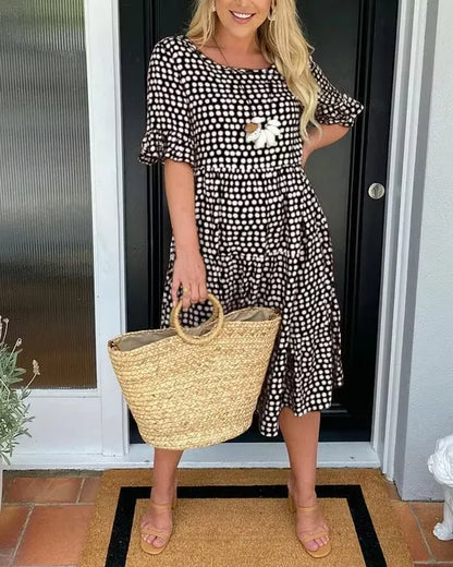 Women's Round Neck Polka Dot Midi Dress