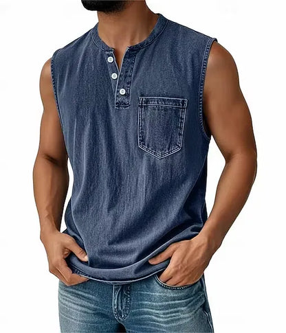 Men’s Sleeveless Henley Tank Top With Pocket