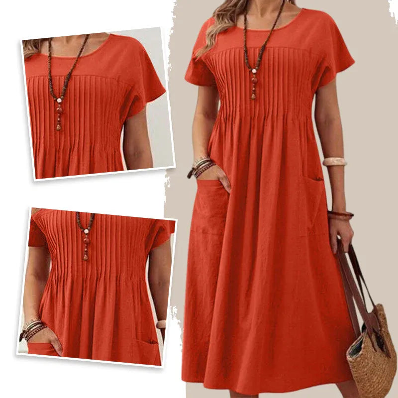 Women’s Short Sleeve Pleated Pocket Midi Dress