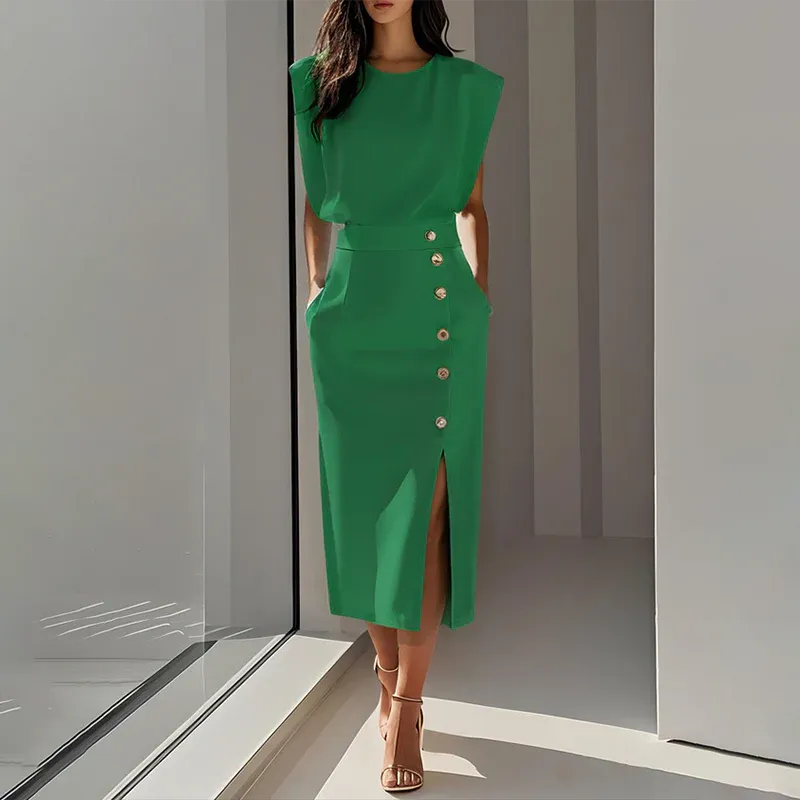 Women’s Side Button Slit Midi Dress