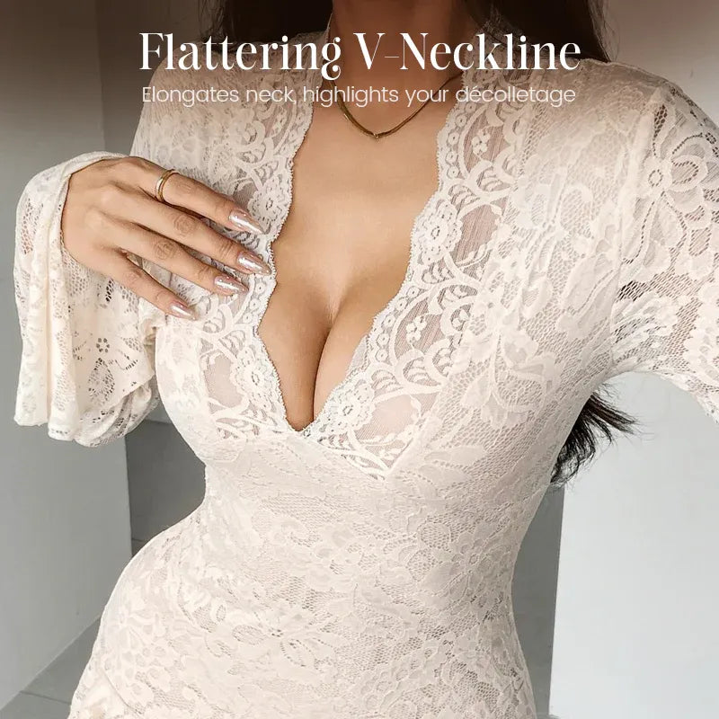 Women’s Elegant Lace V-Neck Ruffle Hem Mini Dress