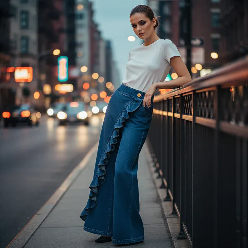 Women’s Asymmetrical Ruffle Wide-Leg Jeans