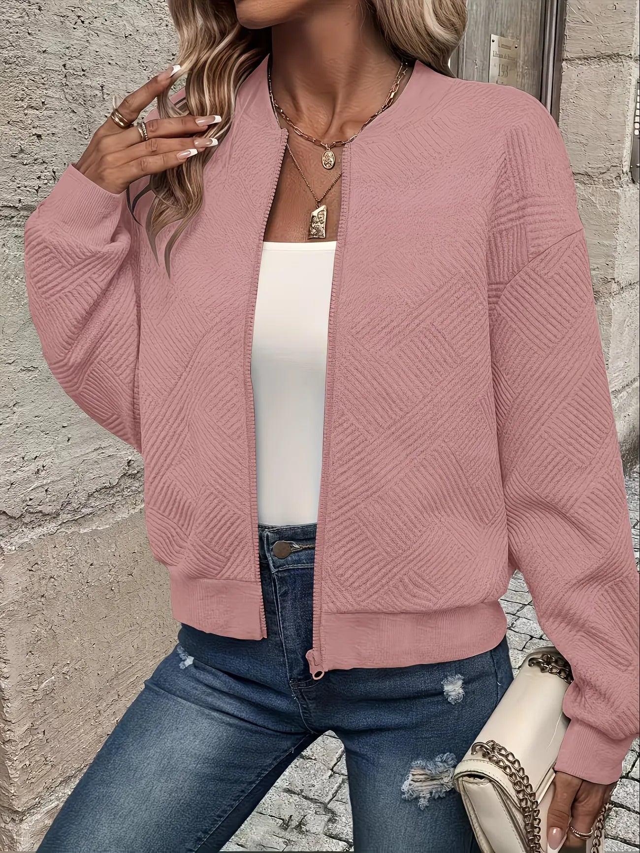 Women's Textured Zip-Up Bomber Jacket