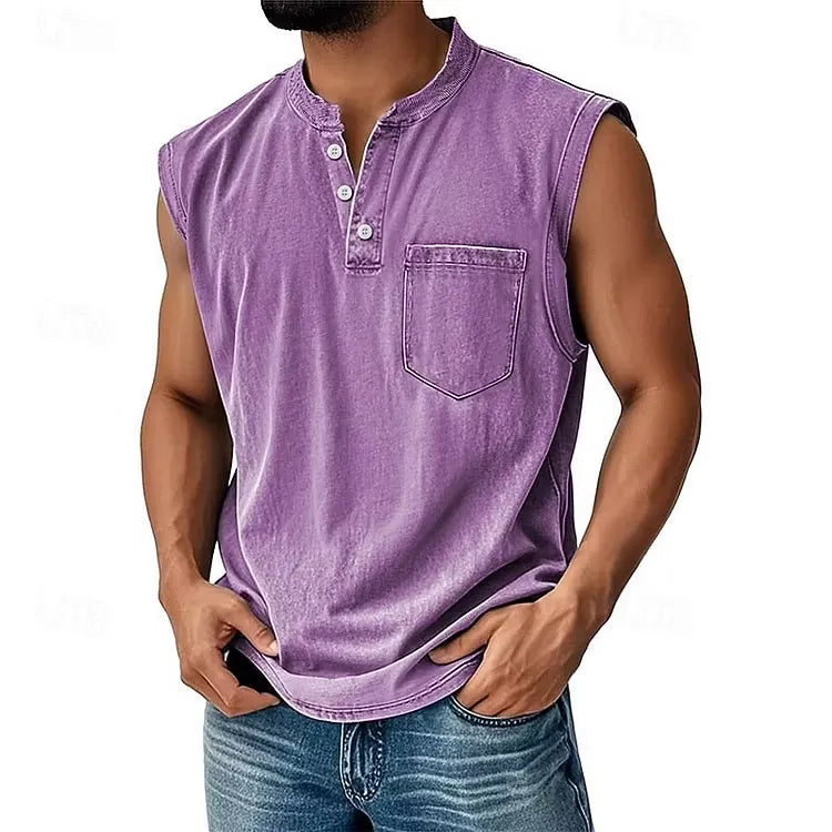 Men’s Sleeveless Henley Tank Top With Pocket