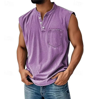 Men’s Sleeveless Henley Tank Top With Pocket