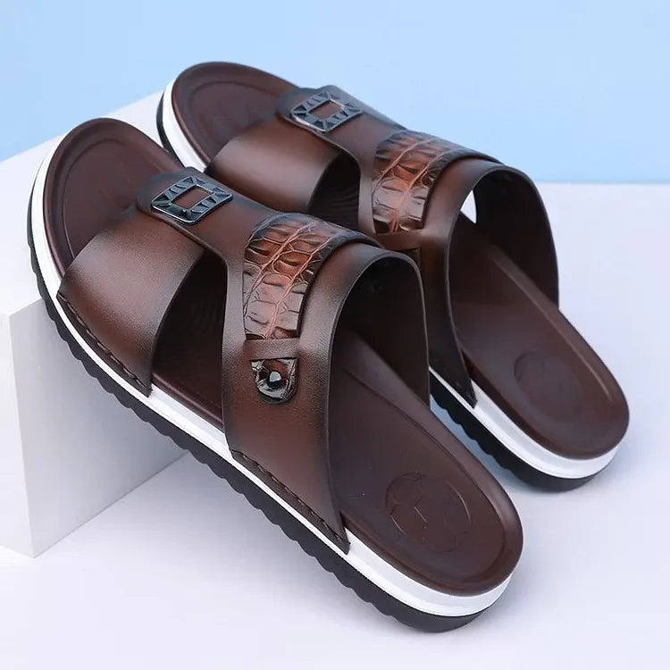 Men's Leather-Look Double Strap Slip-On Sandals