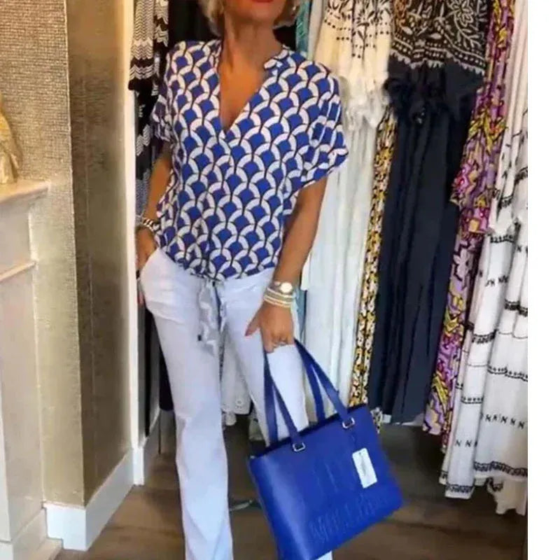 Women’s Geometric Print V-Neck Casual Blouse