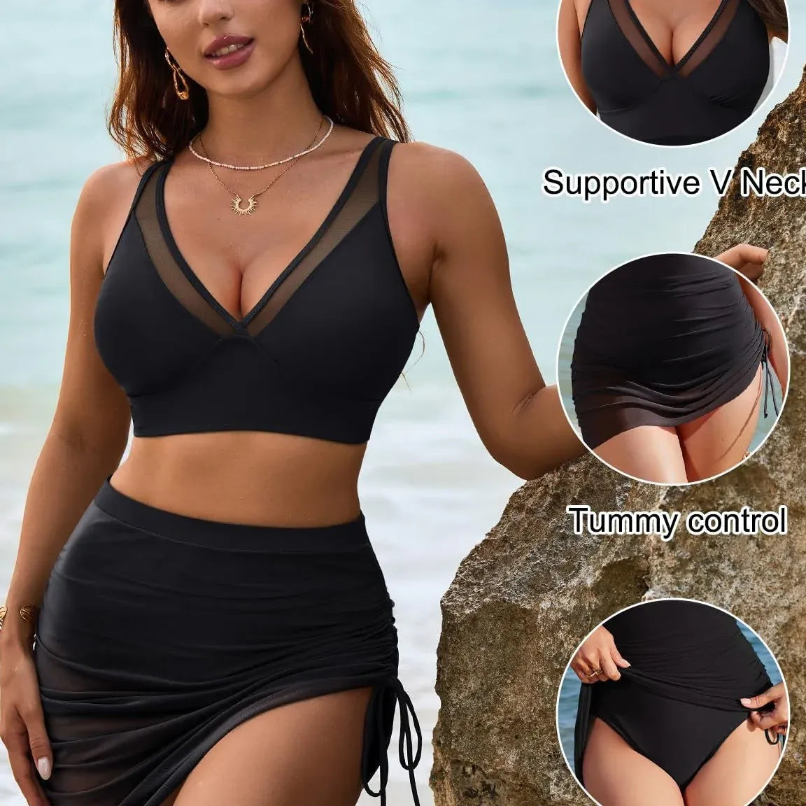 Women’s High-Waisted Swim Skirt Bikini Set with Supportive V-Neck Top