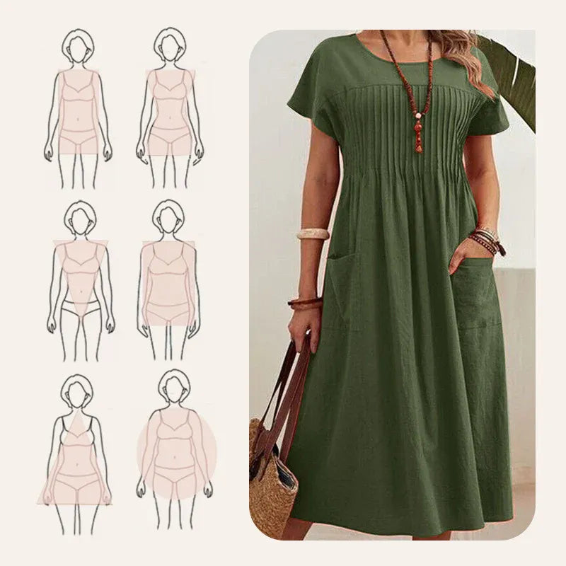 Women’s Short Sleeve Pleated Pocket Midi Dress