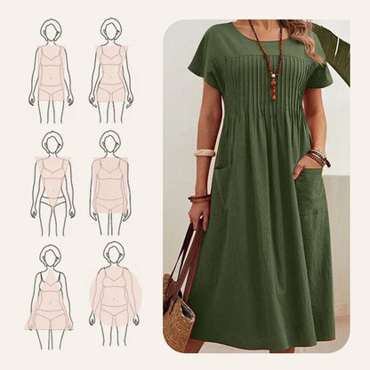 Women’s Short Sleeve Pleated Pocket Midi Dress